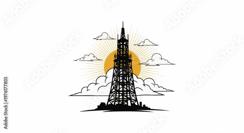 Silhouette tower against sun and clouds with stylized city base