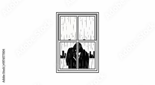 Silhouetted couple embraces at a window overlooking rainy city skyline