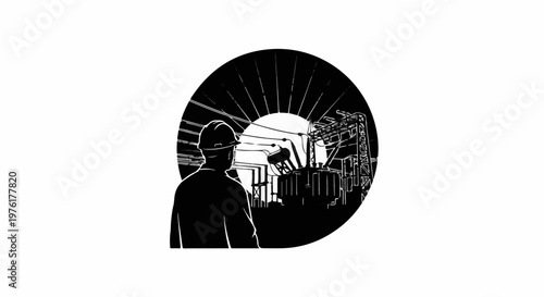 Silhouette of worker with hard hat observing power substation under sun
