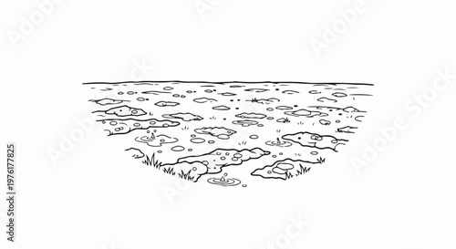 Sketch of raindrops falling into puddles on uneven ground