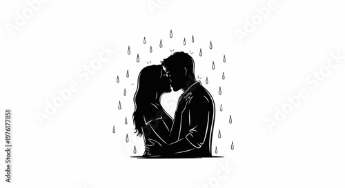 Silhouetted couple sharing a passionate kiss amidst falling raindrops