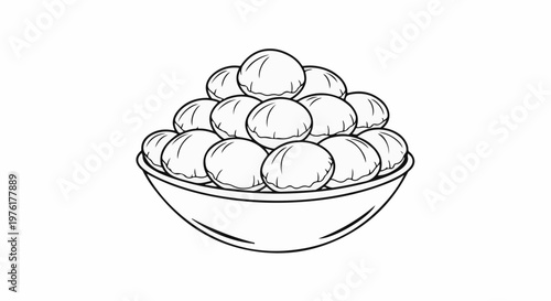 A bowl overflowing with round, bun-shaped objects, line art illustration