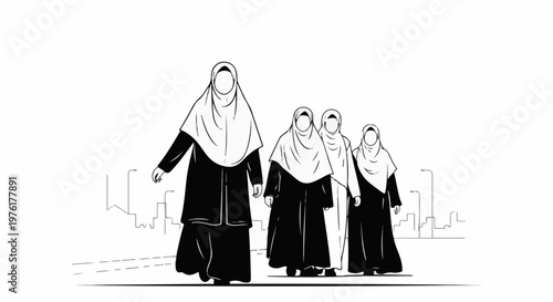Silhouetted group of women in hijabs walking in an urban setting