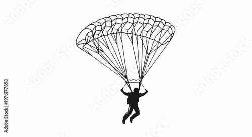 Silhouette of a skydiver descending with an open parachute against a white background