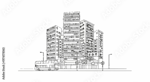 Sketch of towering apartment buildings with a double-decker bus and streetlights