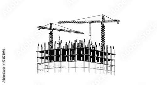 Sketch of two construction cranes assembling a building's skeletal frame
