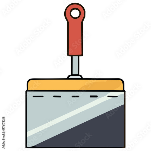 A graphic illustration of a putty knife with a red handle