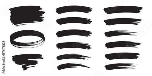 Set of black ink brush strokes isolated on white background hand drawn painted paint design elements collection.