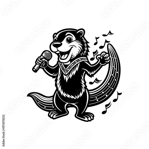 Black and white cartoon illustration of a happy otter singing into a microphone with musical notes around it.