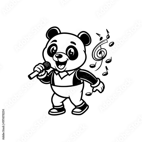 Cheerful panda mascot singing into a microphone with musical notes illustration.