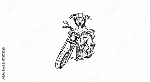 A line art dog wearing a helmet rides a motorcycle
