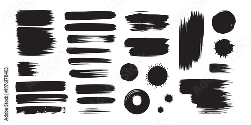 Abstract black paint brush strokes and ink splatters collection for artistic design projects and poster layout.