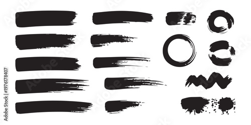 Variety of black brush strokes including circles zig zag and splatters isolated on white vector art.