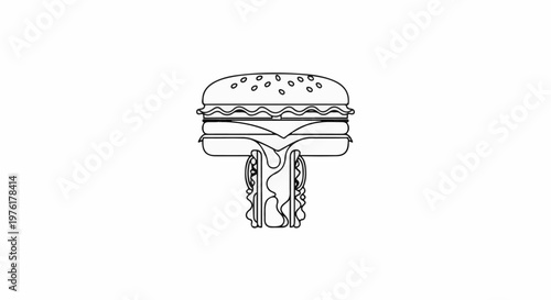 A line art illustration of a dripping, layered hamburger with sesame seeds on bun
