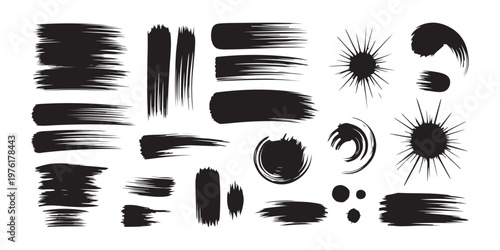 Collection of black grunge ink brush strokes and artistic paint marks isolated on white background for designs.