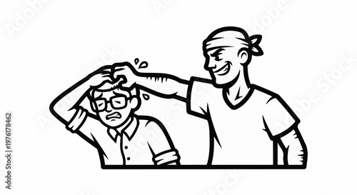 A bully pulls a nerdy person's hair while they look distressed