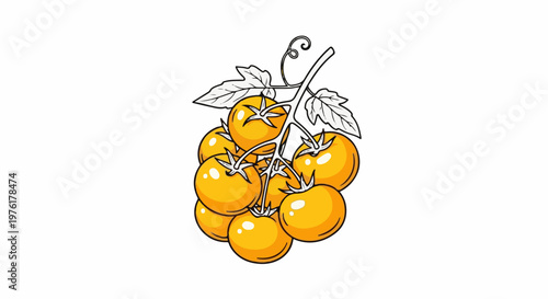 A bunch of bright yellow tomatoes with green leaves on a white background