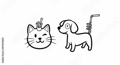 A cartoon cat wearing french fries as a hat and a dog with a coiled straw for a tail
