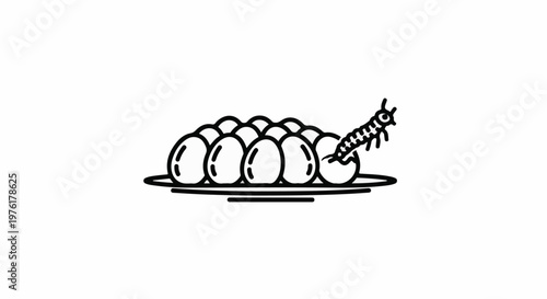 A cartoon centipede crawls over a pile of eggs on a plate