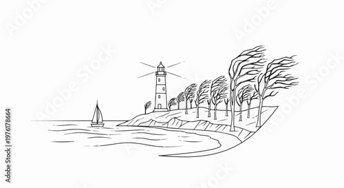 A lighthouse stands on a windy coast with trees bent by the wind and a sailboat on the sea