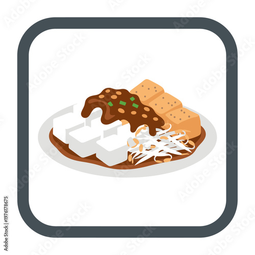 Delicious Indonesian street food icon savory rice cakes, crispy tofu, bean sprouts, and rich peanut sauce dish