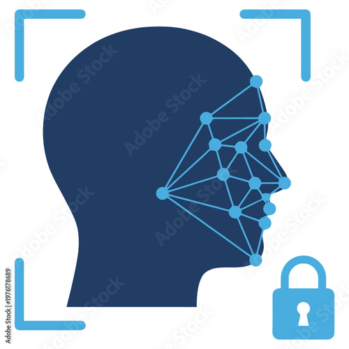 Facial Recognition Technology: a graphic depicting a human face overlaid with a network of points, signifying the process of recognizing individuals for security purposes.