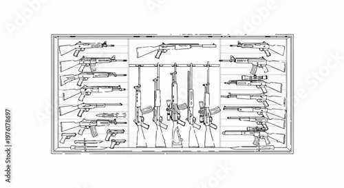 A collection of various rifles and handguns displayed in a grid layout