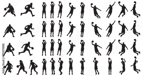 Basketball Players Action Silhouettes Set Pack. Editable Vector Stroke Illustration. featuring basketball, vector, graphic, silhouette, illustration, athlete, sports, player, dribble more silhouettes.