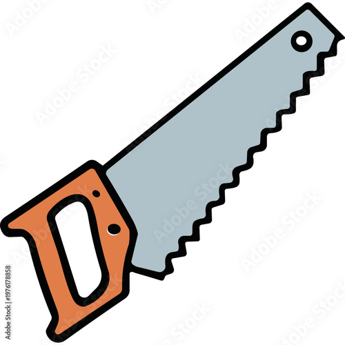 A hand saw with an orange handle lies on a surface.