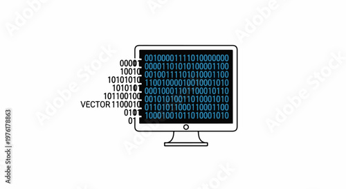 A computer monitor displays lines of binary code, with some numbers extending outwards