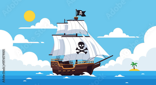 Pirate Ship Sailing on Ocean Water.