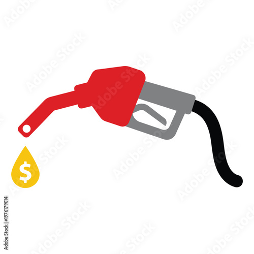 Fuel Price Symbol: A red fuel nozzle, symbolizes the increasing cost of fuel with a dollar sign forming the falling droplet. Represents concepts of transportation, fuel, gasoline, energy and industry.