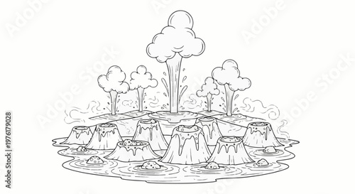 A cartoon-style illustration of multiple geysers erupting in a hot spring area