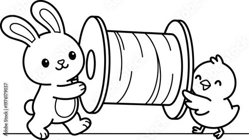 Cute rabbit and chick carrying large spool black and white line art