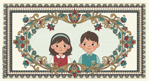 Cartoon children in festive outfit.