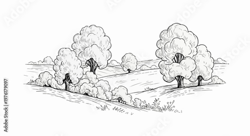 Sketch of rolling hills with trees and clouds