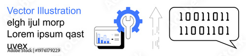 Data analysis, coding, software development, tech tools, binary systems, automation. Gear icon, binary speech bubble and chart. Data analysis and coding concepts