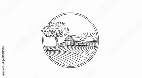 Rustic barn and tree framed by a circle, with rolling fields and sun