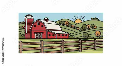 Rural farm scene with red barn, silo, rolling hills, trees, and a wooden fence at sunrise