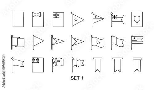 A set of various flags and banners in a minimalist line art style