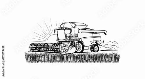 A combine harvester cuts through a field of wheat under a rising sun