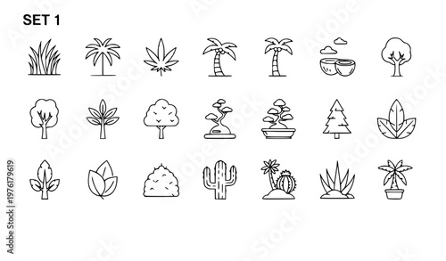 A set of minimalist plant and tree icons in a simple line art style
