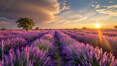 Vast lavender field at sunset with blooming purple flowers and dramatic colorful countryside sky