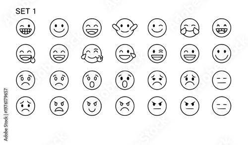A set of various emoticon faces in a minimalist line art style