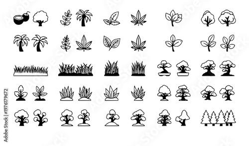 A collection of black and white tree and plant silhouettes in a vector graphic design