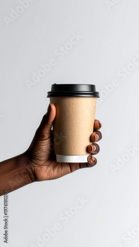 Maqueta de una mano sosteniendo un vaso de papel con fondo neutro.