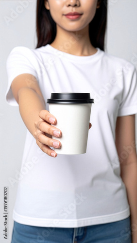 Maqueta de una persona sosteniendo un vaso de papel con fondo blanco. 