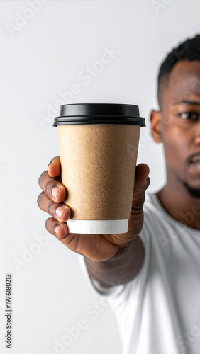 Maqueta de una persona sosteniendo un vaso de papel con fondo blanco. 