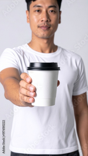 Maqueta de una persona sosteniendo un vaso de papel con fondo blanco. 