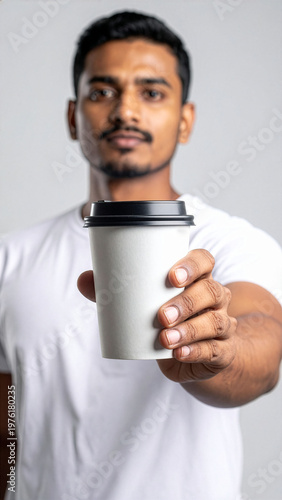 Maqueta de una persona sosteniendo un vaso de papel con fondo blanco. 